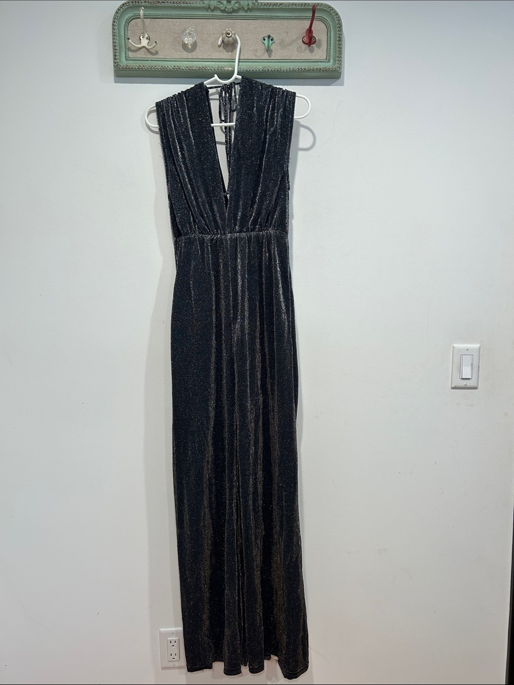 By Together Metallic silver Black glam Sleeveless V-Neck Jumpsuit women’s small